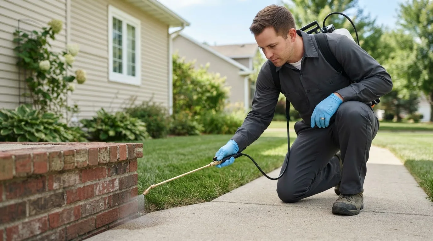 Pest control technician treating a home near Greenville, IA