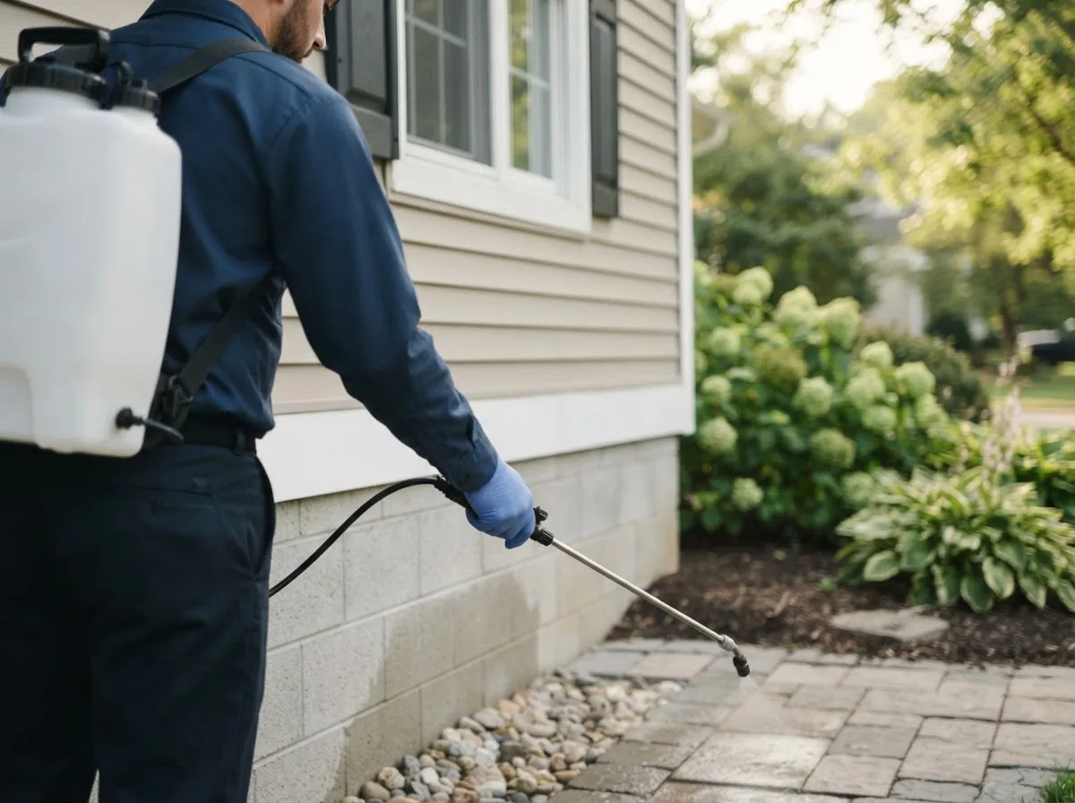 Pest control technician inspecting a home in Greenville, IA